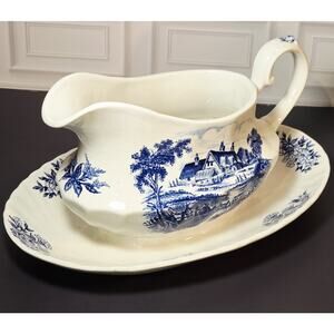 Blue Ridgway Ironstone Staffordshire England Meadowsweet Gravy Boat
